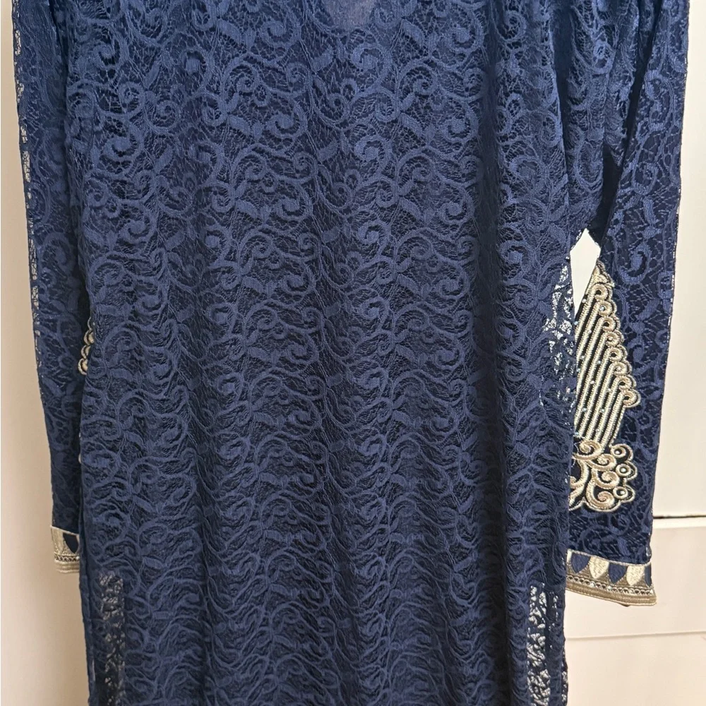 Arabian Embroidered Navy Dress with Gold Accents with belt fits L/XL with Stretc - Picture 10 of 11